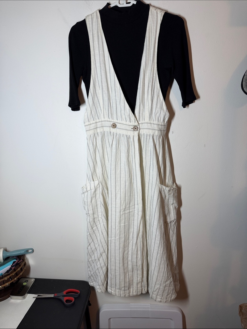 Vintage-Inspired Cream Striped Pinafore Dress